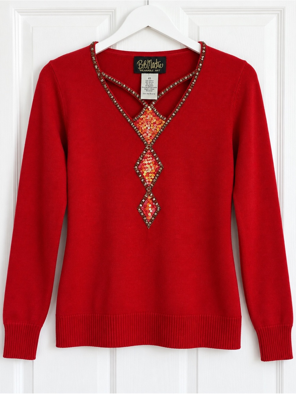 BobMackie Wearable Art XS Red Sequin Beaded V-Neck Sweater | Holiday Y2K Grandma